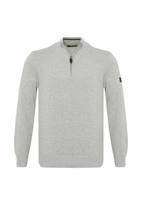 Helles graues, gestricktes Pullover mit einem Reißverschlusskragen. Verfügt über lange Ärmel sowie einen gerippten Saum und Bündchen. Keine Muster oder zusätzlichen Akzente.