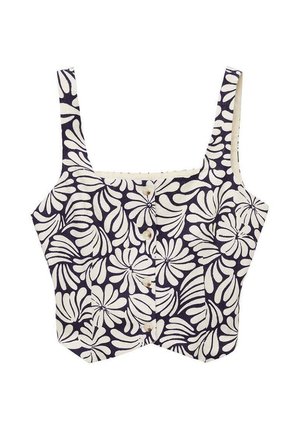 Aangemeten crop top met brede banden, navy stof met een wit bladdessin, sluiting met knopen aan de voorkant en contrasterende afwerking langs de randen.