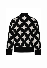 Black and white patterned knit sweater with a round neck and three-quarter sleeves, featuring a geometric design of overlapping circles.