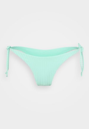 Bas de bikini vert menthe avec texture côtelée, liens ajustables sur les côtés, et une conception à couverture minimale.