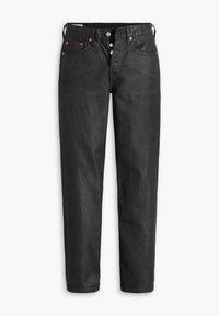 Svarta denimjeans med rak passform, fem fickor, metallknappar och nitar i kopparfärg; slät textur med lätt lyster.
