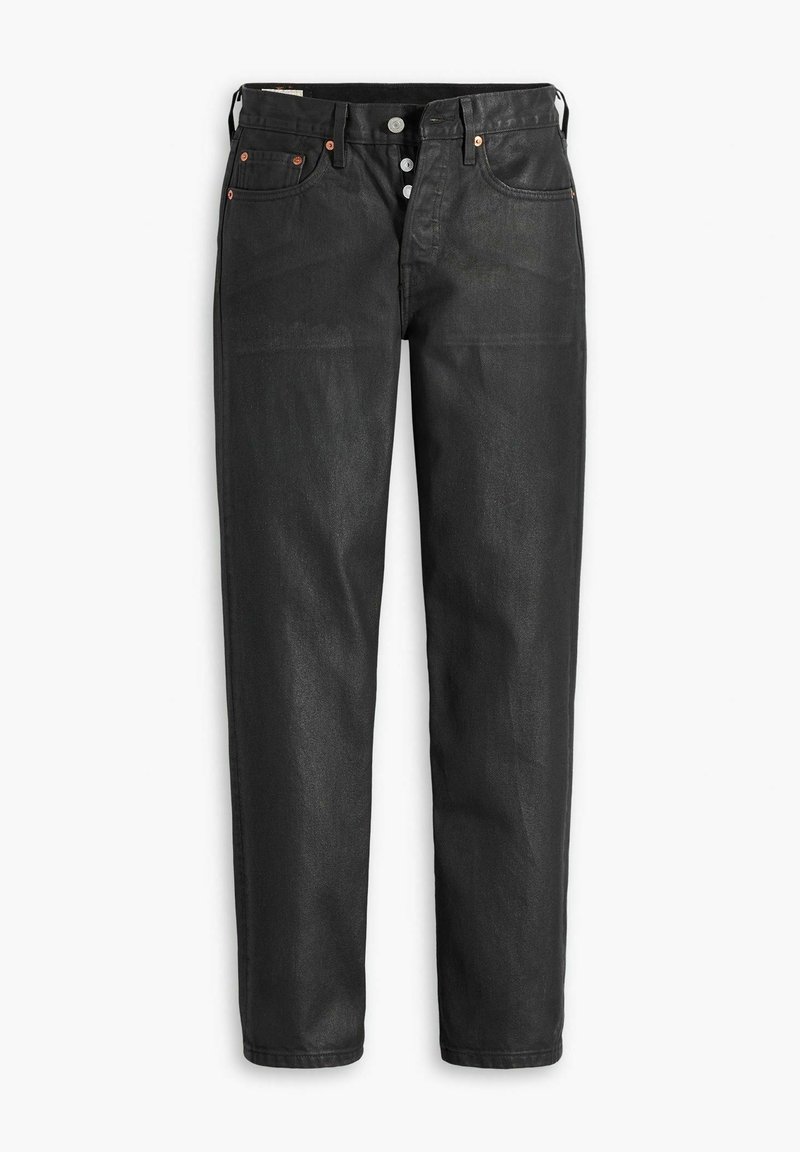 Jeans en denim noir à coupe droite, cinq poches, fermetures à bouton en métal et rivets en ton cuivré ; texture lisse avec un léger brillant.