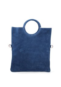 Borsa tote in pelle scamosciata blu con manico circolare, forma quadrata e finiture in metallo sui lati; texture liscia con una finitura opaca.