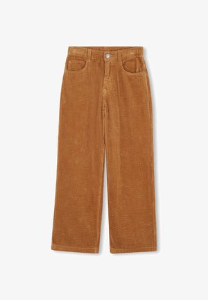 Korduroy broeken in een warme bruine kleur, met een recht gesneden ontwerp, twee voorzakken en een subtiele ribbeltextuur.