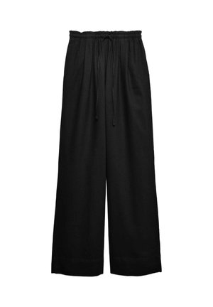 Zwarte wijde broek met elastische taille en koordsluiting, losse pasvorm en rechte zoom.