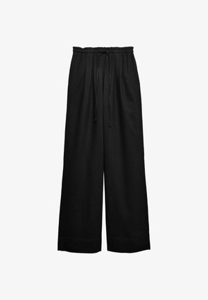 Zwarte wijde broek met elastische taille en koordsluiting, losse pasvorm en rechte zoom.