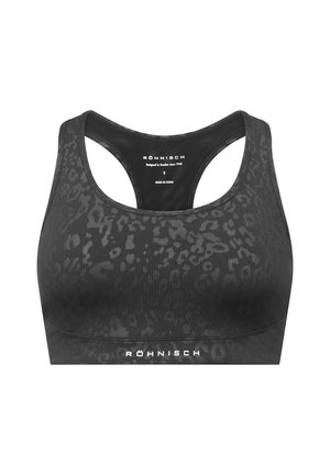 Schwarzer Sport-BH mit subtilen Leopardenmuster, aus glattem Stoff gefertigt. Verfügt über ein Racerback-Design und ein weißes "Röhnisch"-Logo.