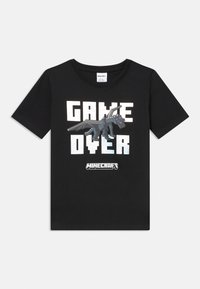 Czarny podkoszulek z krótkim rękawem z białym tekstem w bloku "GAME OVER", pikselową grafiką smoka i logo "MINECRAFT" poniżej.