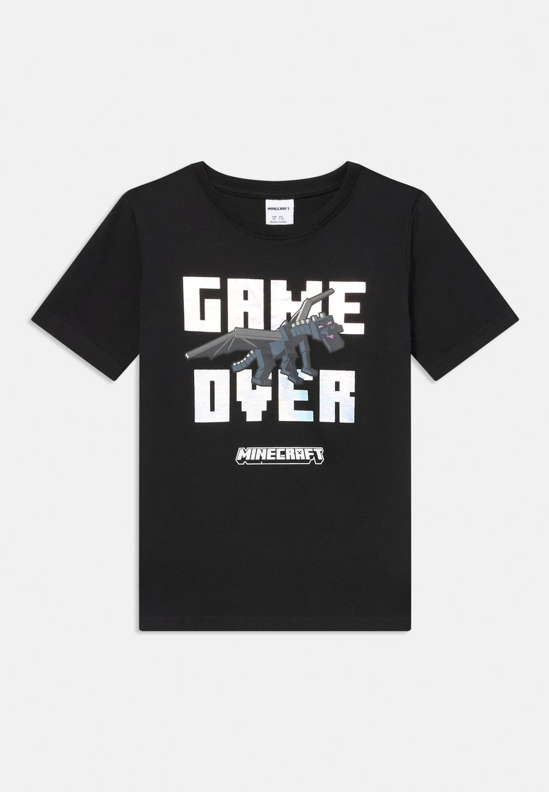 Czarny podkoszulek z krótkim rękawem z białym tekstem w bloku "GAME OVER", pikselową grafiką smoka i logo "MINECRAFT" poniżej.
