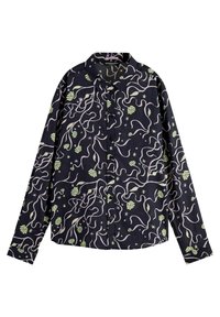 Langærmet skjorte i mørk navy stof med et botanisk mønster i lys grøn og hvid, med klassisk krave og knaplukning.