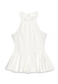 Hvid halterneck top med et plisseret peplum-design, der har en rund halsudskæring og knaplukning bagpå, lavet af letvægtsstof.
