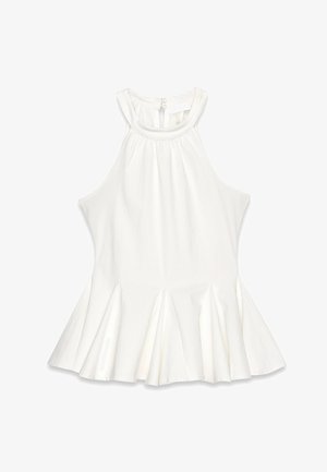 Biely halter top s plisovaným peplum dizajnom, s okrúhlym výstrihom a zapínaním na gombík na chrbáte, vyrobený z ľahkého materiálu.