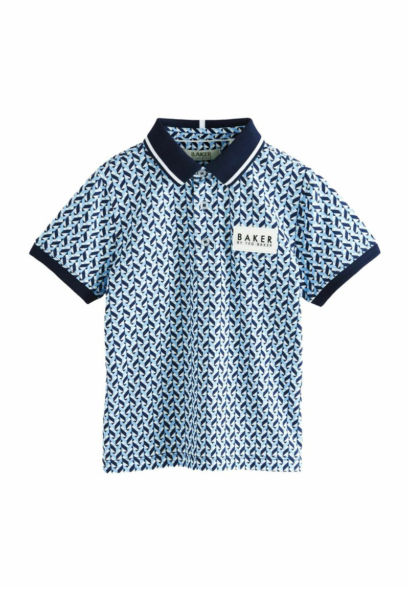 Polo a maniche corte blu e bianco con un motivo geometrico, caratterizzato da un colletto blu navy e una toppa frontale con il nome del marchio "BAKER."