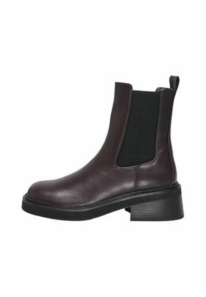 Dark brown leather ankle boot with black elastic side panels, a pull tab at the back, and a low block heel on a white background.