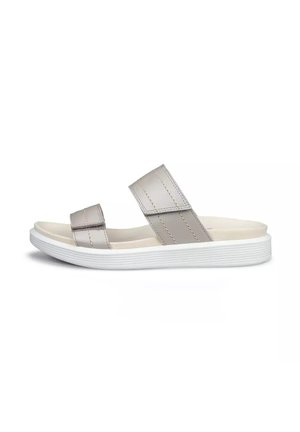 Sandalo slip-on grigio chiaro con due ampi cinturini cuciti e suola bianca imbottita, mostrato di profilo su sfondo bianco.