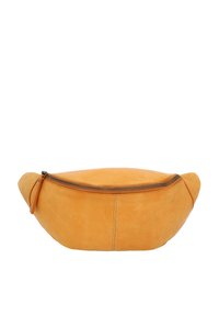 Yellow leather bag with a rounded shape and zip closure. Features smooth texture and minimal stitching details, offering a compact design.