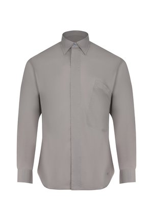 Camicia grigio chiaro a maniche lunghe con colletto a punta, taschino singolo sul petto a sinistra e bottoni frontali nascosti.