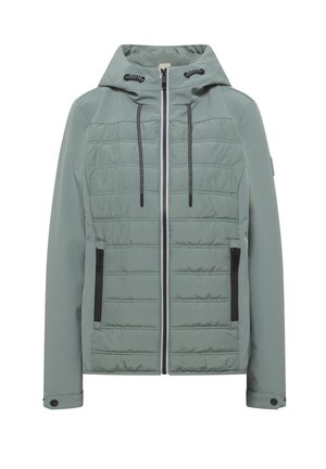 Hellgrüne Kapuzenjacke mit durchgehendem Reißverschluss, horizontal gesteppter Wattierung, schwarzen Reißverschlusstaschen an den Seiten und verstellbaren Manschettenknöpfen.