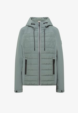 Veste à capuche vert clair avec fermeture éclair frontale, rembourrage matelassé horizontal, poches latérales zippées noires et boutons de poignet ajustables.