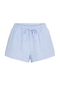 Pantaloni scurți bleu și alb cu carouri gingham, cu talie elastică și detaliu cu șnur. Material ușor și o croială confortabilă.