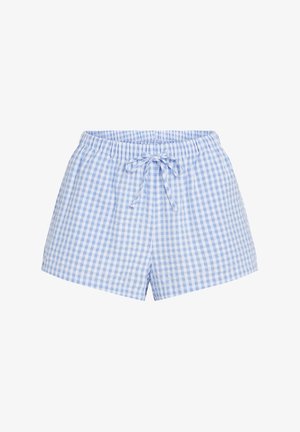 Blue and white gingham check shorts with an elastic waistband and drawstring detail. Lightweight fabric and a relaxed fit.