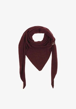 Burgundy triangular scarf made of a soft, textured fabric with two hanging ends. Features a small logo on one side.