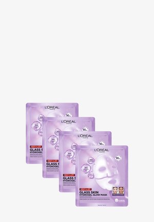 Vier violette Sachets der L'Oréal Revitalift Glass Skin Hydrogel Glow Maske mit einem Gesichtsmasken-Design und feuchtigkeitsfördernden Grafiken.