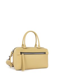 Sac à main en cuir jaune avec double anses, bandoulière ajustable, poche zippée à l'avant et accents de frange. Texture lisse, design structuré.