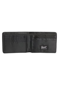 Portafoglio in tessuto nero con diversi scomparti per carte, una tasca con zip e un'etichetta con logo, caratterizzato da una texture liscia e un design minimalista.