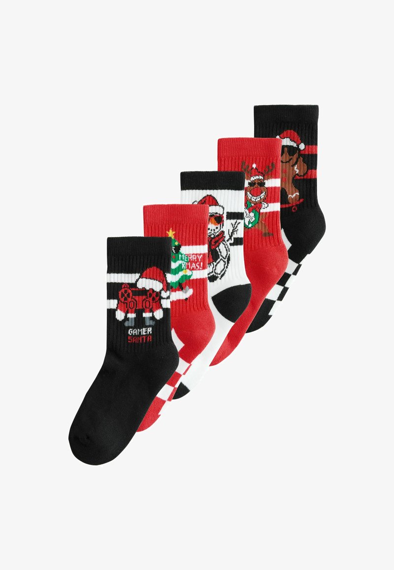 Cinq paires de chaussettes de différentes couleurs : noir, rouge et blanc. Présentent des motifs de Noël, y compris des designs de Père Noël, de rennes et des textes.