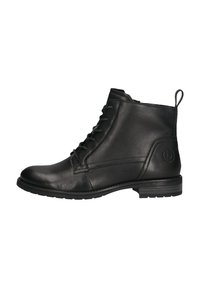 Schwarze Lederstiefeletten mit runder Zehenform, Schnürung vorne und einer kleinen Schlaufe zum Anziehen; strukturierte Oberfläche mit einem niedrigen Blockabsatz.