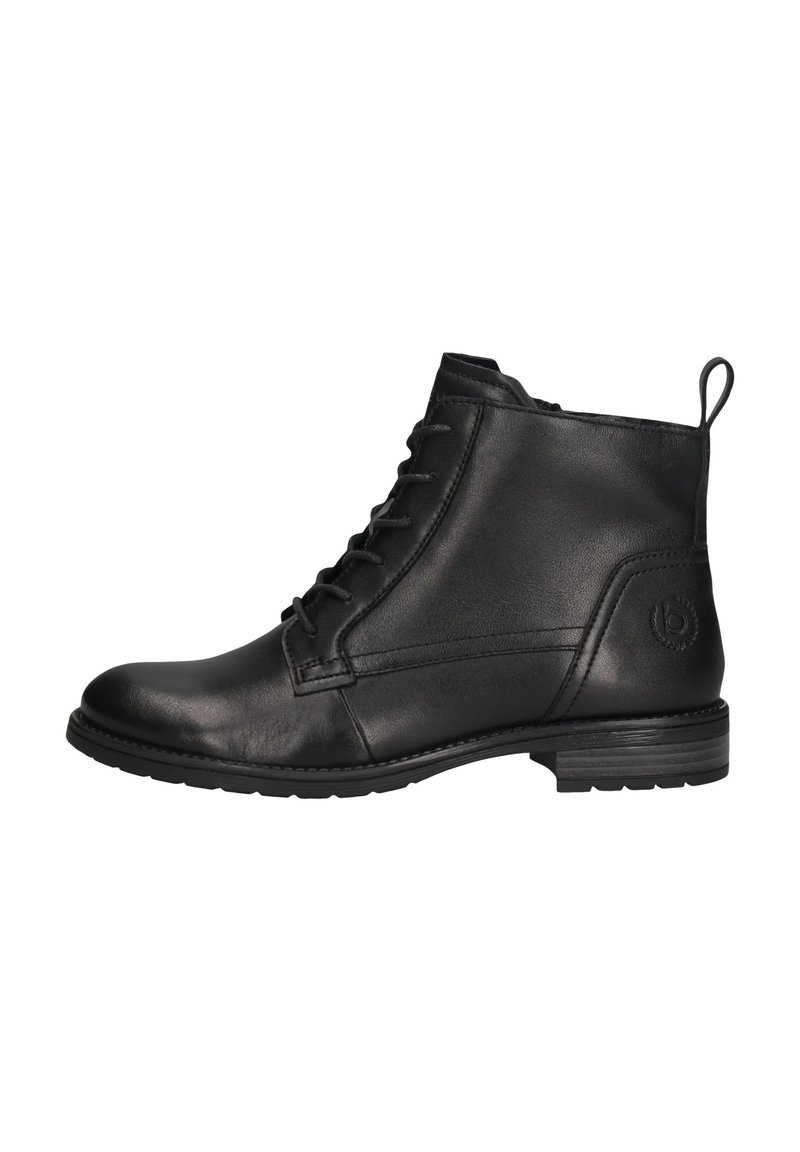 Schwarze Lederstiefeletten mit runder Zehenform, Schnürung vorne und einer kleinen Schlaufe zum Anziehen; strukturierte Oberfläche mit einem niedrigen Blockabsatz.