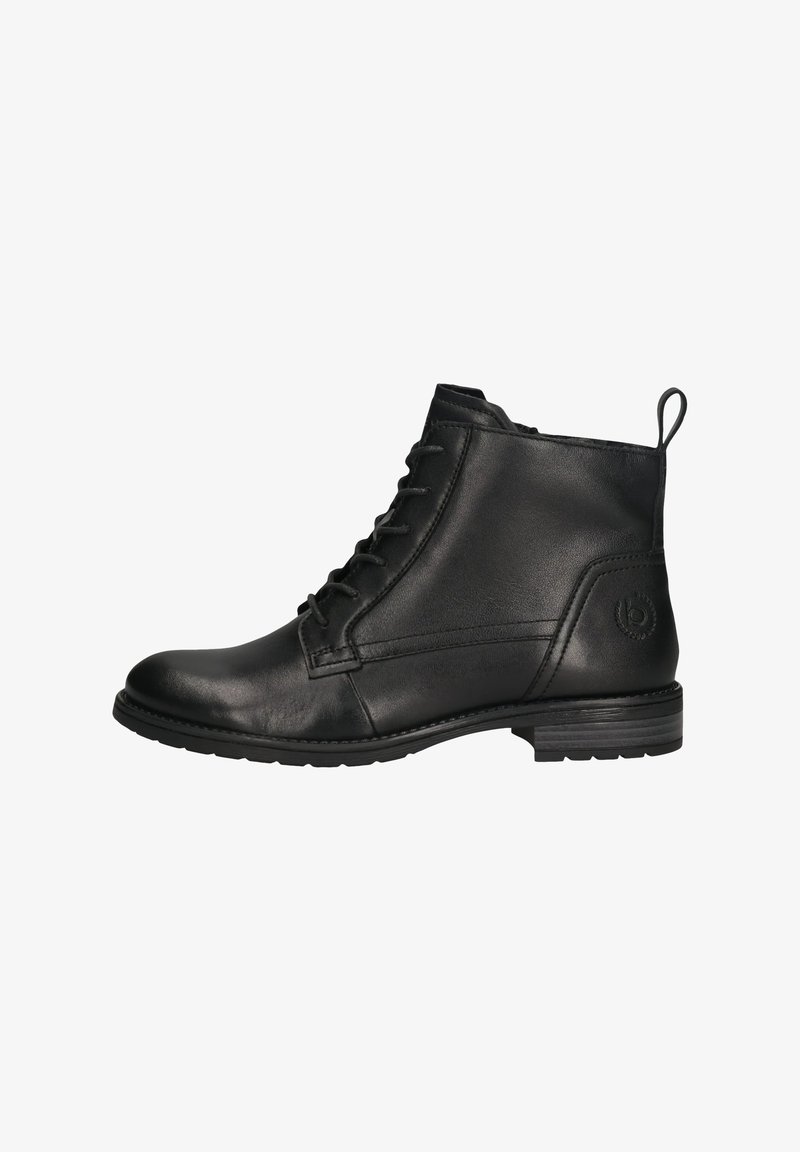 Schwarze Lederstiefeletten mit runder Zehenform, Schnürung vorne und einer kleinen Schlaufe zum Anziehen; strukturierte Oberfläche mit einem niedrigen Blockabsatz.