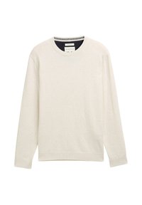 Sweatshirt beige clair à col rond en mélange de coton doux. Présente des manches longues, des poignets et un ourlet côtelés, avec un col intérieur texturé.