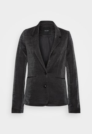 Čierny blazer s textúrovanou tkaninou, s jedným gombíkom na zapínanie, dvoma prednými vreckami a klasickým dizajnom klopy, s hladkým vnútorným podšívaním.