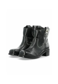 Botas de cuero negras hasta el tobillo con punta redondeada, tacón bajo y rectangular, y costuras decorativas. Cuenta con paneles laterales y un acento metálico.