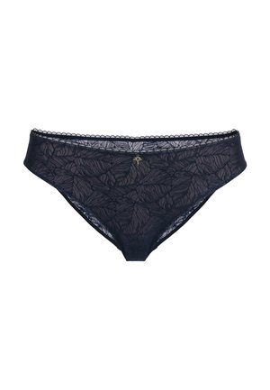 Navy lace briefs featuring a floral pattern, scalloped edges, and a small gold accent in the center front. Lightweight and semi-sheer fabric.
