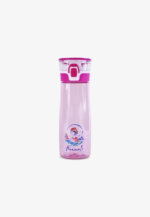 Transparent pink water bottle with a secure pink flip-top lid and nautical-themed illustration of a girl with a striped hat and sailboats.