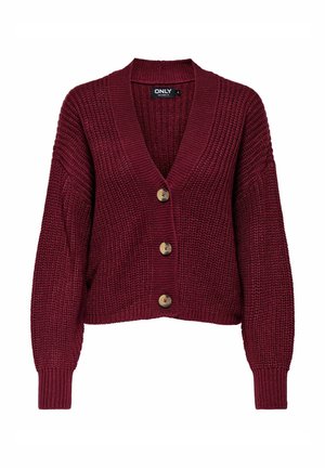 Cardigan en tricot bordeaux avec un col en V, des manches longues et quatre grands boutons sur le devant. Comprend un tissu texturé et un design court.