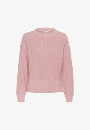 Lichtroze gebreide trui met een geribbelde textuur, brede mouwen en een ronde halslijn. Het ontwerp heeft verlaagde schoudernaden en een cropped pasvorm.