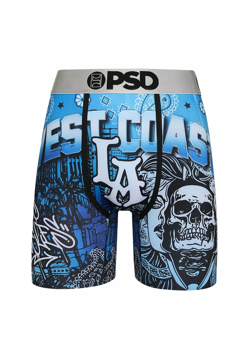 Kék boxer alsónemű, amelyen "WEST COAST" felirat és LA logó szerepel, fekete részletek, merész koponya és grafikai kialakítás, sima nyújtható anyag.