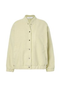 Lichtgele fleece jack met een opstaande kraag, drukknoopsluiting, zijzakken en elastische manchetten. Zachte textuur, oversized pasvorm.