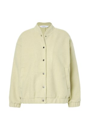 Lichtgele fleece jack met een opstaande kraag, drukknoopsluiting, zijzakken en elastische manchetten. Zachte textuur, oversized pasvorm.