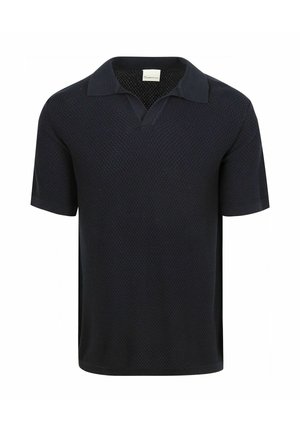 Sort kortærmet polo i tekstureret stof med klassisk krave, vist på en ensfarvet hvid baggrund.