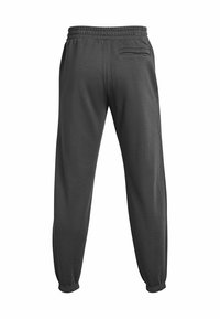 Pantalones de chándal gris oscuro hechos de tejido suave, con una cintura elástica, tobillos ajustados y un pequeño bolsillo trasero.