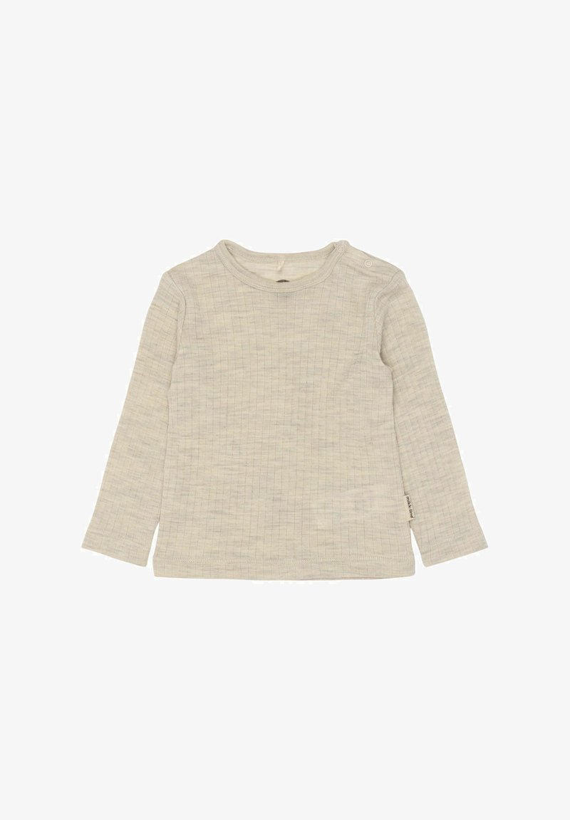 Hellgraues Langarmshirt aus geripptem Stoff mit Rundhalsausschnitt und Druckknöpfen an den Schultern, mit einem kleinen Markenschild an der Seite.