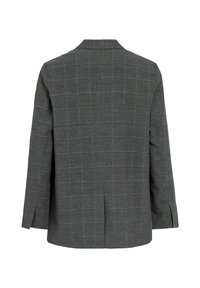 Veste blazer gris à carreaux avec manches longues et fente centrale dans le dos, vue de dos sur fond blanc.