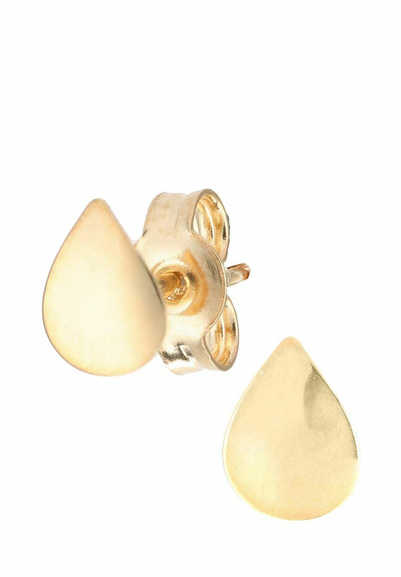 Boucles d'oreilles en forme de goutte d'eau en ton or, avec une finition polie et un fermoir papillon, présentant une texture lisse et une forme effilée.