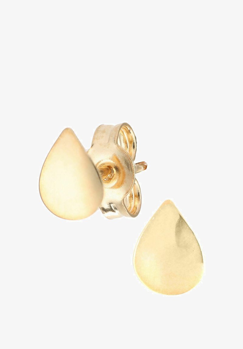 Zlato-tonirane uhane v obliki kapljice s polirano površino in zadaj z metuljčkom, ki se ponašajo z gladko teksturo in zoženo obliko.