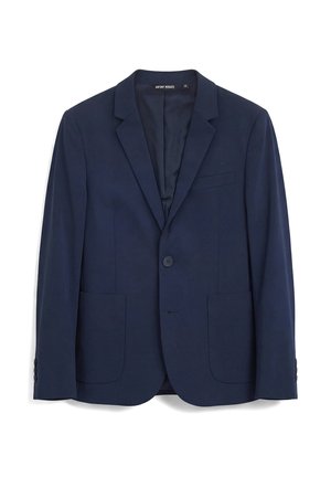 Marineblauwe single-breasted herenblazer met inkeping revers, twee voorpatchzakken, borstpaspelzak en eenknopsluiting.